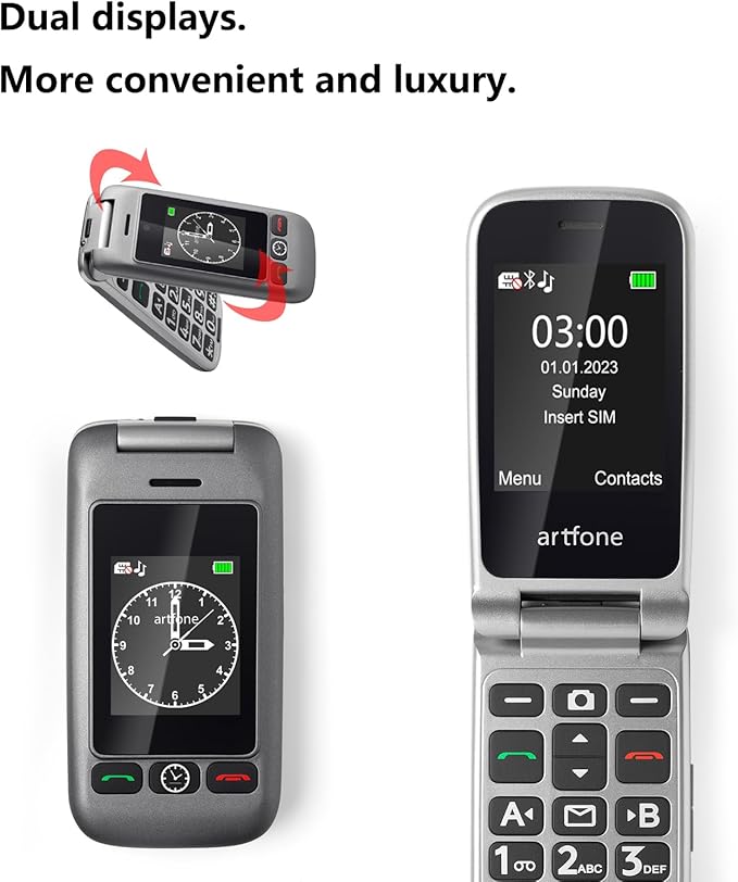 artfone G6 Pro Grey - 4G LTE Flip Phone Unlcoked丨Cell Phone for Seniors丨2.4" Dual-LCD丨SOS Button丨Loud Speaker丨Camera丨Charging Dock丨Talking Clock丨Speed Dial丨 Hands-free丨Dumb Phone丨Caller-ID丨Large Fonts