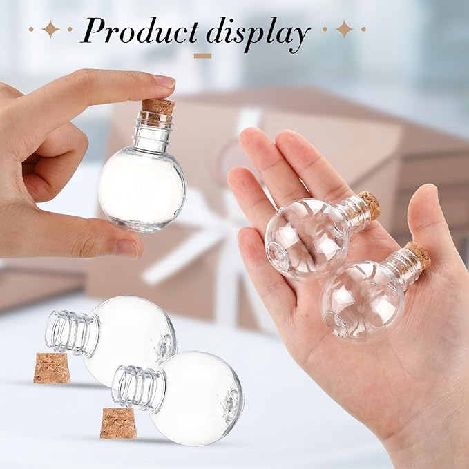 Bokon 50 Pack 1oz Plastic Mini Potion Bottles with Corks Spherical Small Sand Art jar Tiny Clear Ball Shape Liquor Bottles Bulk Wishing Vial for Birthday Halloween Party Favor DIY Crafts Gift