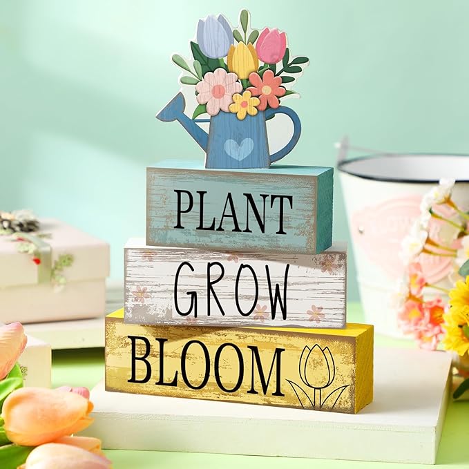 Moucuny 4 Pcs Spring Table Decorations Flower Wooden Signs Spring Tiered Tray Decor Wooden Flower Kettle Block Signs Pastel Table Centerpieces Decor for Home Kitchen Shelf