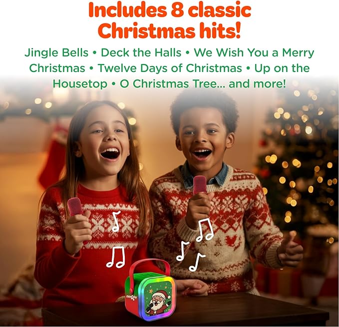 Move2Play, Mini Karaoke Machine for Kids | Built-in 8 Christmas Songs | Bluetooth Speaker with Microphones | Voice Effects | Toddler Music Toy | Stocking Stuffer | Girls & Boys Age 2, 3, 4, 5, 6+