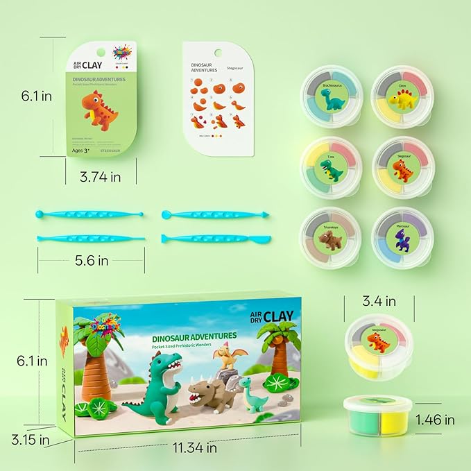 Air Dry Clay for Kids - 6 Dinosaur Themed Modeling Clay Kit, Model Magic Clay with Sculpting Tools and Tutorials, Ultra Light & Soft, Non-Toxic & Safe, DIY Arts and Crafts School Projects for Kids