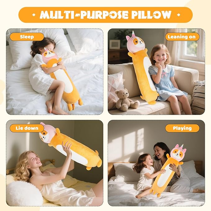 22 Inch Kawaii Unicorn Dog Long Plush Body Pillow Toy, Soft Corgi Shiba Inu Plushies with Stuffy Unicorn Outfit Big Stuffed Animals Gift for Kids Boys Girls, Birthday, Halloween, Christmas