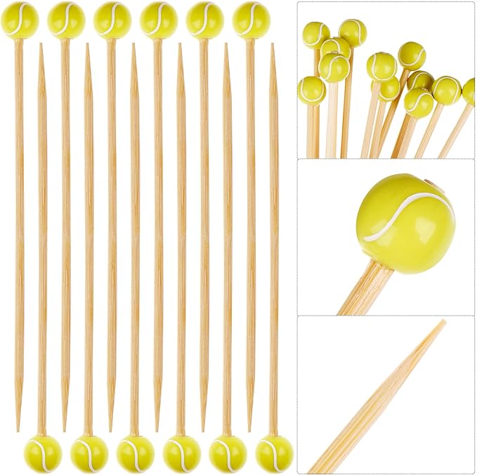 100 pieces bamboo cocktail picks 4.7 inch fruit toothpicks sports ball end cocktail skewers wooden decorative cocktail picks for appertizes, fruit, food, sport party favors (Tennis)