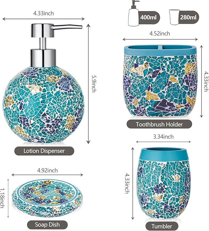 Handmade Blue Mosaic Glass Bathroom Accessory Sets 4PCS Bathroom Accessories Set Complete Includes Lotion Dispenser Toothbrush Holder Tumbler Cup & Soal Dish