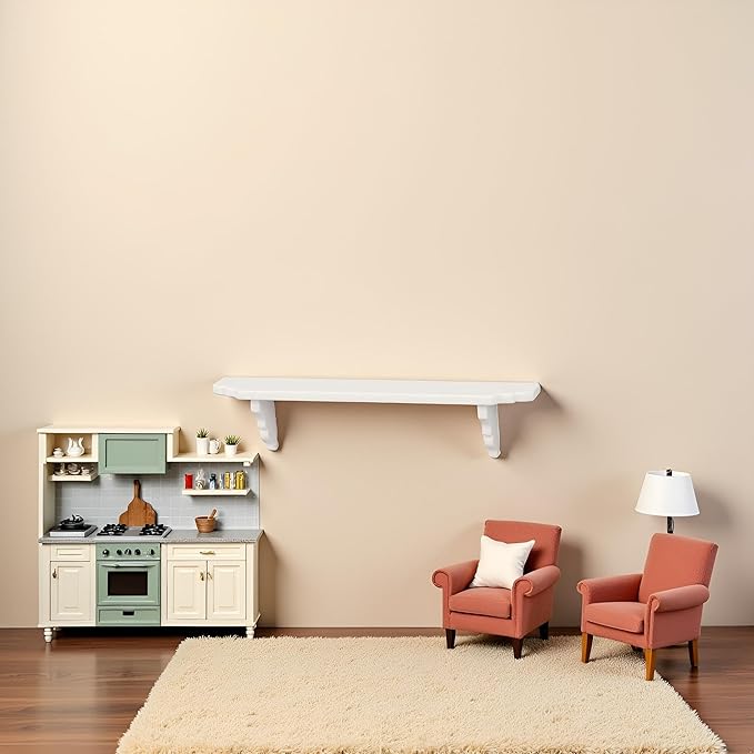 White Dollhouse Wall Shelf, 1:12 Scale Miniature Dollhouse Accessories, Doll House Storage Wall Shelf for Kitchen Scene Wall Decor Miniature Bedroom Mini Furniture Accessory