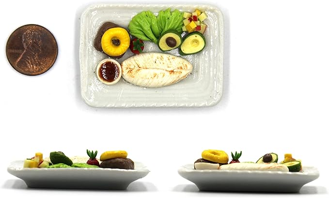 Lovely Mixed 5 Assorted Hawaiian Grilled, Steak, with Appetizer Dish Dollhouse Miniature Food, Tiny Food for Collectibles, Compatible with Barbie Dollhouse and Diorama Scale 1:6, 1/6