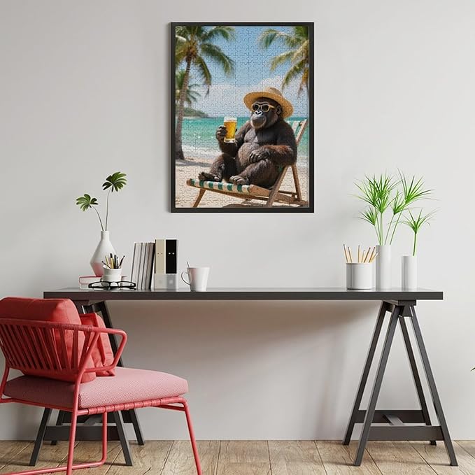 Summer Gorilla – 1000 Piece Wildlife Wooden Jigsaw Puzzle, Cheerful Summer Gorilla Scene, Mind Exercise, Fun Family Activity