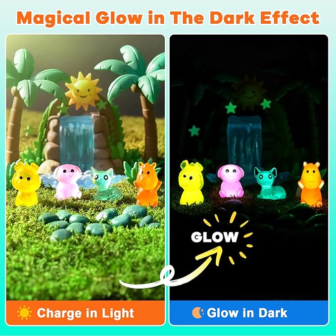 250 Pcs Luminous Mini Resin Animals, 25 Styles Glow in The Dark Tiny Animal Figurines Bulk for Fairy Garden, Dollhouse, Aquarium Tank, DIY Crafts, Party Favors, Hide and Seek Game