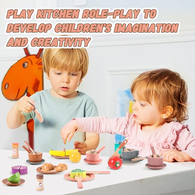 GAGAKU Wooden Dishes Kids Play Dish Set - Wood Plates Set for Toddler Montessori Wooden Kitchen Toys