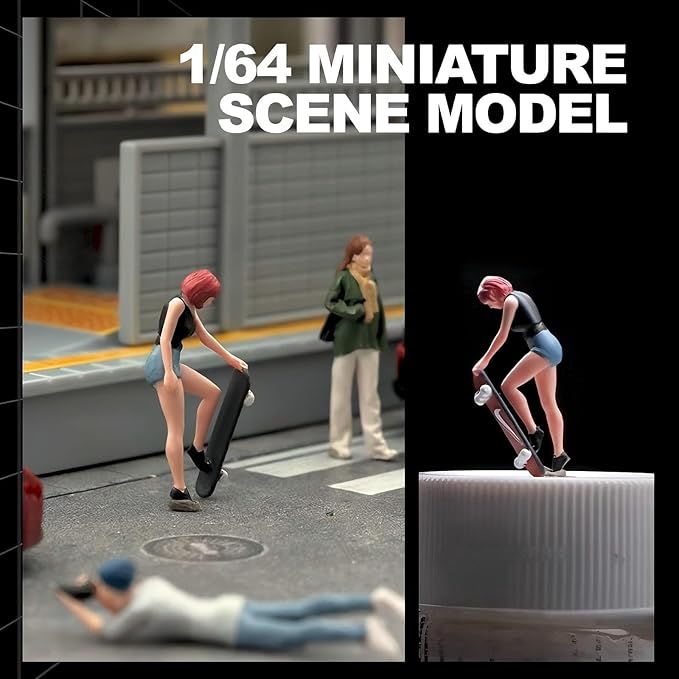 1:64 Scale Hand-Painted Resin Red-haired Skateboard Girl - HO Compatible Diorama Model for Train Scenes, Architectural Displays, Collectors & Hobbyists