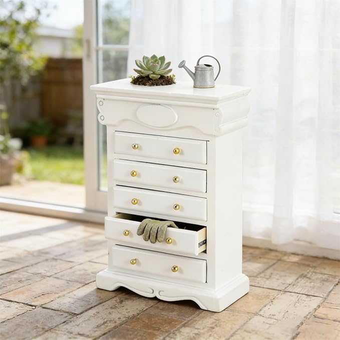 LOGOFUN Dollhouse Furniture Miniature Cabinet Bedside Cabinet Model Vintage Mini House Decoration (White)