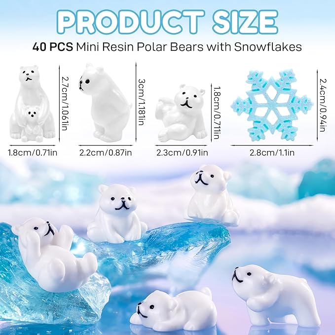 40 Pcs Mini Resin Polar Bear Figurines with Snowflakes Tiny Little Winter Resin Animal Miniature Figures for Holiday Crafts Garden Micro Landscape Home Table Decor