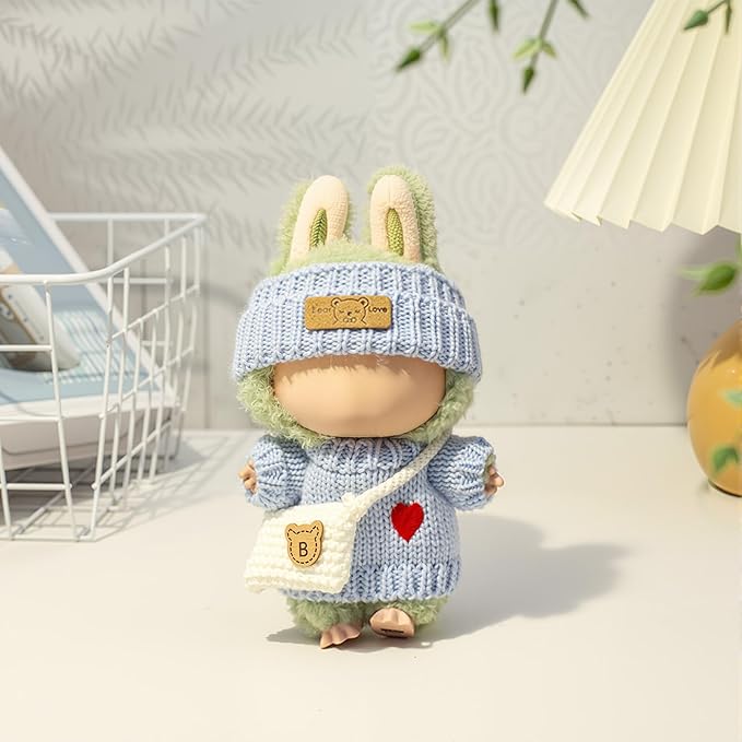 Clothes for LABUBU Doll (NO Doll), Handcrafted Crochet 3-Piece Accessories for LABUBU 17cm Dolls, Premium Outfit - Heart Sweater + Hat + Bag, Cute Clothes for Dress up Unique Style (Blue)