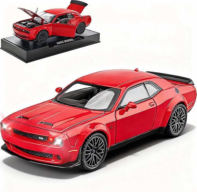Toy Car Model Challenger Hellcat Alloy Model Collectible Car with Light and Sound,Pull Back Toy Vehicles for Boys Children Age 3 + Year Old(Red)