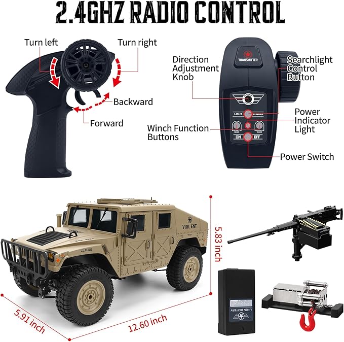 Remote Control Truck-4x4 Off-Road RC Trucks Army Rock Crawler Humme, RTR 40Mins Play Time All Terrain RC Off Road Jeep Cars with Winch,Lights&Openning Door, Military Armored Vehicle Toys Gift for Boys