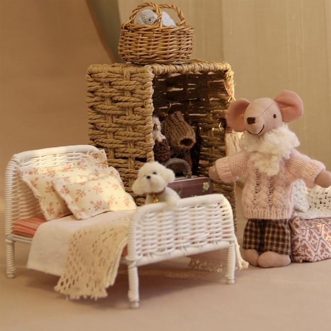 1:12 Dollhouse Furniture Bed, 1 Set Miniature Fairy Pastoral Style Brown Rattan Bed with Removable Lace Bedding, Modemn Bedroom Furniture Accessories Set