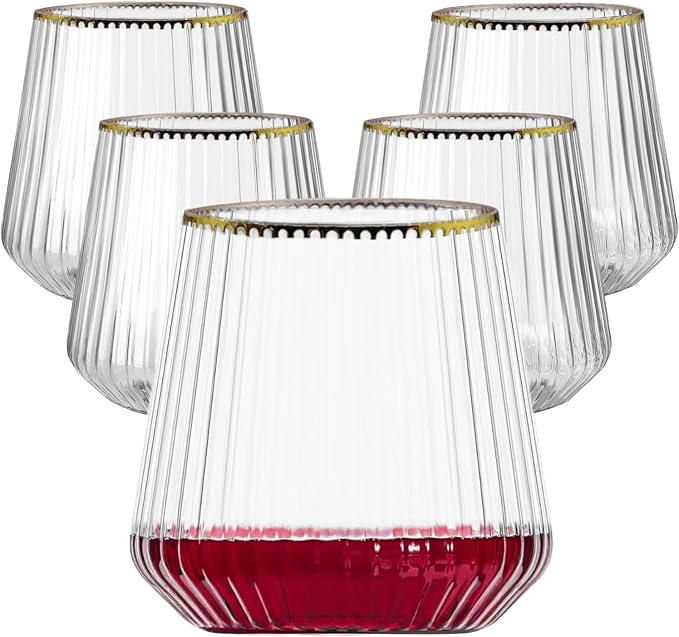 Lueumxc 40 Pack Plastic Ribbed Wine Glasses, 14Oz Origami Disposable Wine Glasses Unbreakable Clear Plastic Cocktail Glasses Recyclable Shatterproof Reusable Wine Cups (14oz-Gold Rim 40pack)
