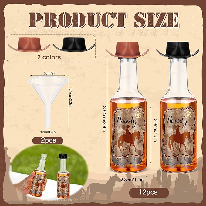 Honeydak 12 Set Mini Cowboy Hats Wine Bottles Western Party Decoration Tiny Cowboy Cowgirl Hat Brown Black Plastic Alcohol Bottles with Funnels for Western Wedding Birthday Bachelorette Favors