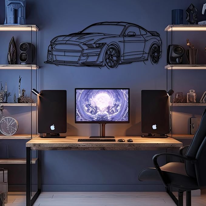 DecoSoul Mustang Metal Car Wall Art, Sports Car, Automotive Silhouette Line Decoration, Minimalist Sculpture for Garage, Indoor Outdoor Wall Hanging, Gift for Boyfriend (Black - 45 x 12.4” inch)