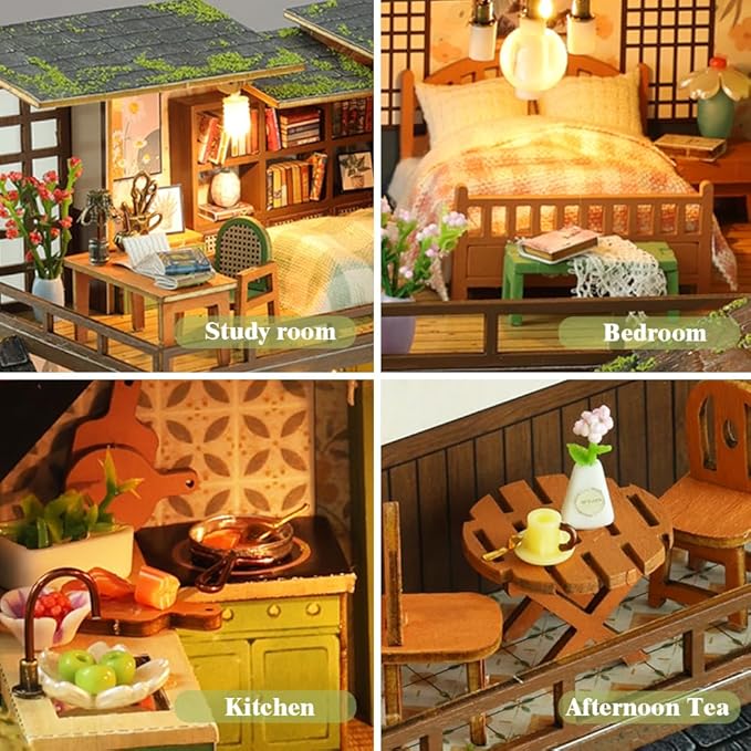 Yuzhen DIY Miniature Dollhouse with Furniture and LED Lights, Japanese Style Wooden Dollhouse Includes Dustcover and Music Movement, Exquisite Home Decor