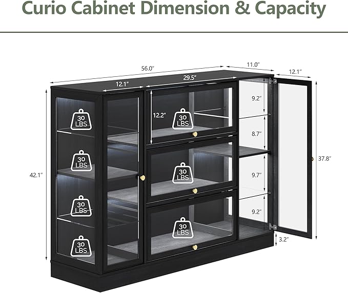 Display Cabinet with Acrylic Glass Doors,Extra Wide Curio Cabinet with LED Lighting for Collectibles, Collectibles Toy Organizers Rack & Display Shelf Display Case, Black