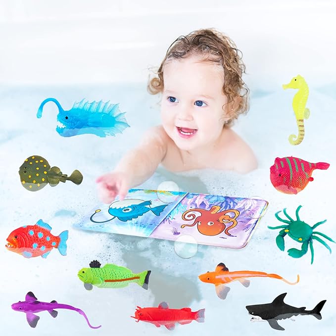 Color Changing Mold Free Bath Toys for Toddlers & Kids - Color Change Sea Creatures Ocean Animal Toys & Glow in The Dark Toy with Bath Book (13 Pack)
