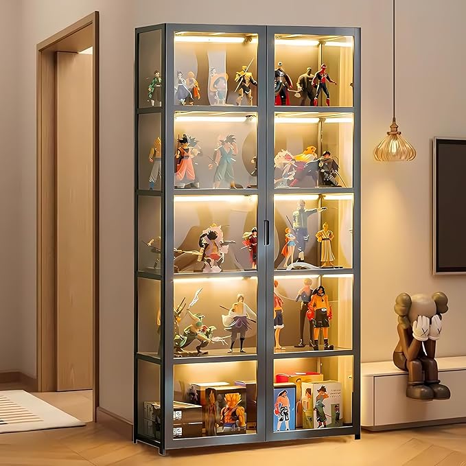 5 Tier Curio Display Cabinet with Acrylic Glass Door, Large Capacity Storage Cabinet Collectibles Toy Organizers Rack & Display Shelf, Kids Bookshelf and Bookcase for Playroom, Bedroom