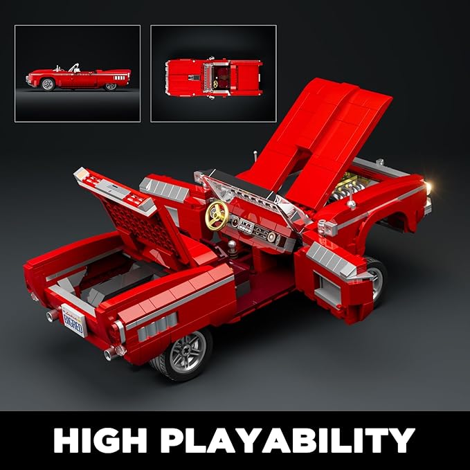Low Rider Big Red Car Building Bricks Set - Street Fusion Vehicle Engineering Lighting Model Modular Collection Kit 969 Pcs for Adults & Teens & Car Lovers