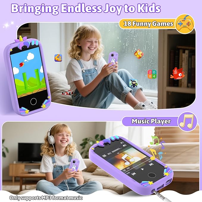 BEBESIRI Kids Camera Mini Smartphone Toy for Girls, 2.8" Touch Screen, 22 Learning Games, Dual Camera, Music Player, 32GB Card | Educational Gift for Christmas & Birthday (Lavender)