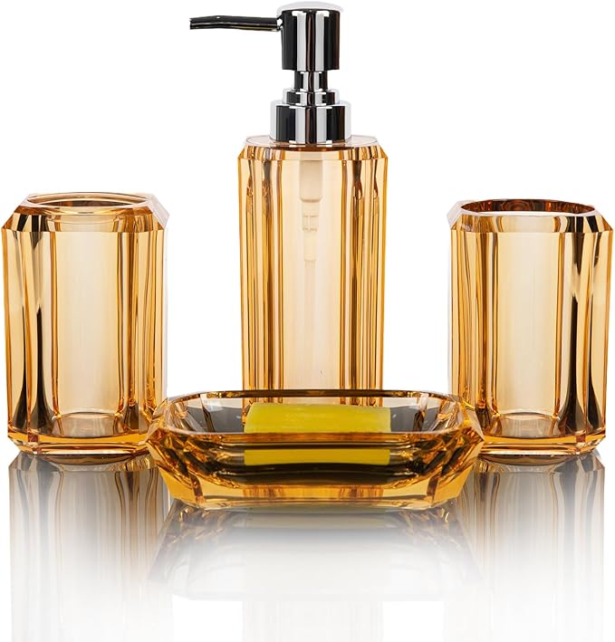 LGURT 4 Piece Premium Acrylic Bathroom Accessory Set, Hand Sanitizer Bottle, Lotion Can Bathroom Suit, Separate Bottle Soap Box, Mouthwash Cup, Toothbrush Cup (Champagne Gold)