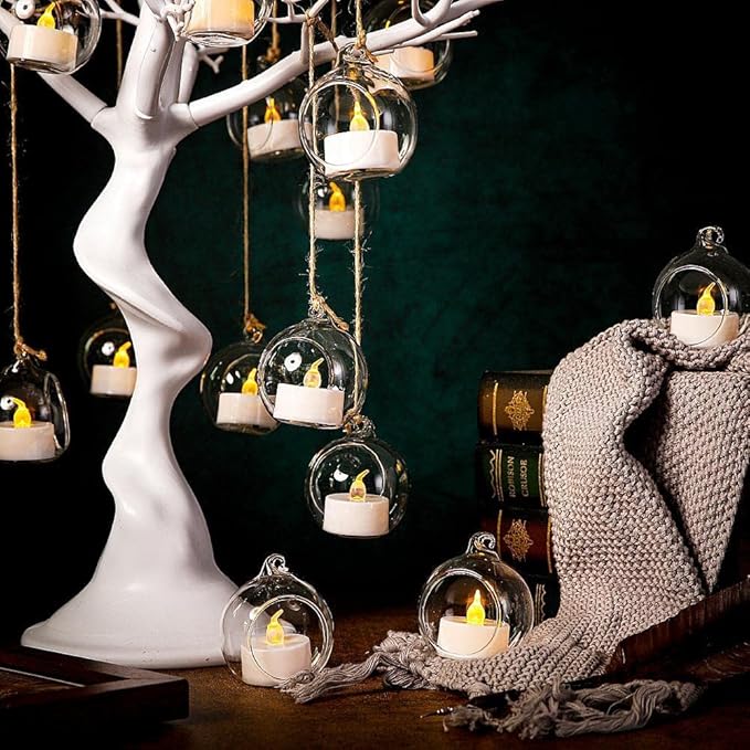 24pcs of Hanging Candle Holders, Glass LED Tealight Holders, Glass Globe Plant Terrariums, 2.36" Diameter Hanging Tealight Holder Terrariums for Wedding Party Tree Home Decorations