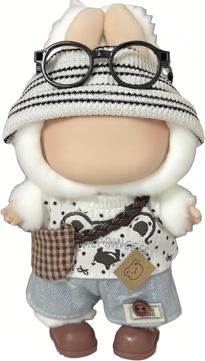 17cm Doll Clothes – 6-Piece Set, Hat + Overalls + Shirt + Backpack + Glasses + Shoes, Cute and Premium Dolls Outfit Accessories (White Bear)