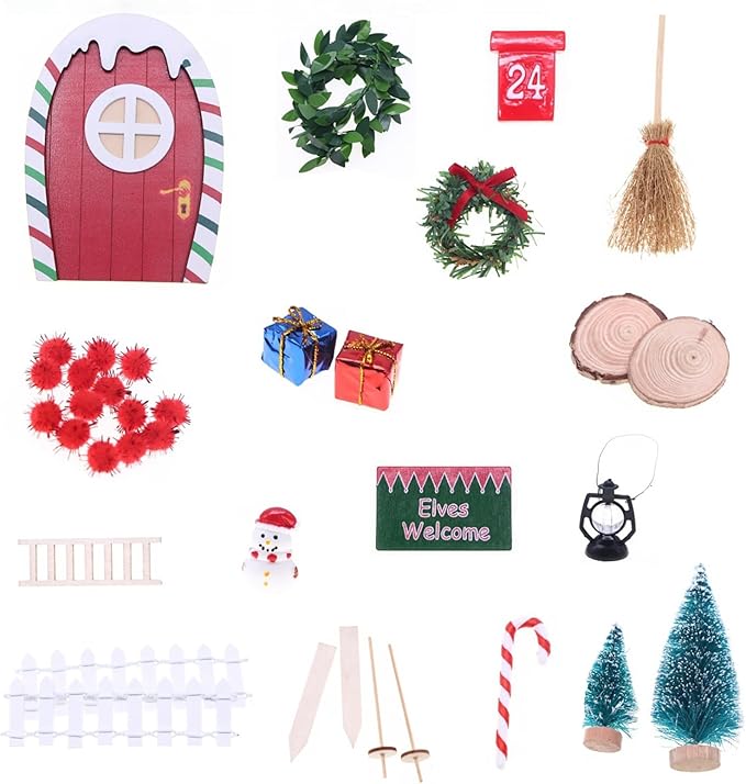 LOGOFUN 21pcs Miniature Dollhouse Christmas Scene Decoration Mini Fairy Door Gnome Tree Snowman Wreath Set for Xmas Decor
