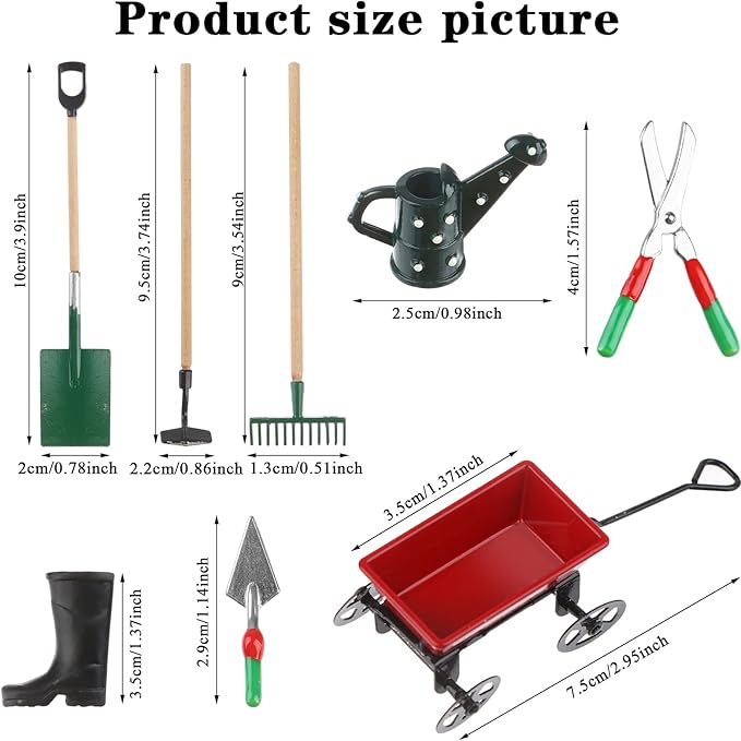 Haomian Miniature Fairy Garden Accessories Set 9 Pcs 1:12 Mini Metal Spade Pestle Kettle Wagon Rake Garden Watering Supplies Micro Landscape Ornaments Dollhouse Accessories
