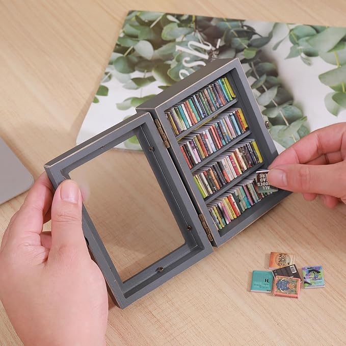 Anxiety Mini Bookshelf Ornament | Shake Away Your Anxiety Rustic Book Library With 100pcs Miniature Books | Wood Pocket Bookcase for Book Lovers Gift (Gray)
