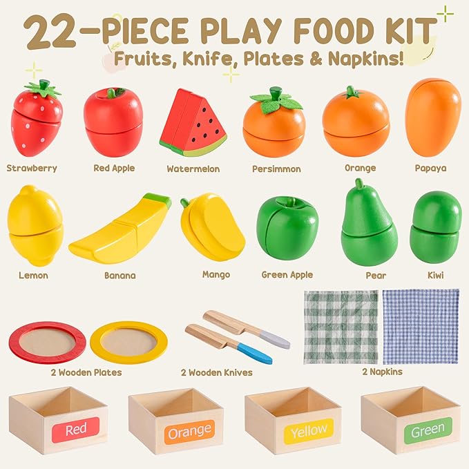 ROBOTIME Play Food Toys for Kids, Pretend Wooden Toy Food with Cutting Fruit Toys, Knife, Plate, Napkin and Fruit Sorting Storage Box, Play Kitchen Accessories, Color & Fruit Recognition for Kids 3+
