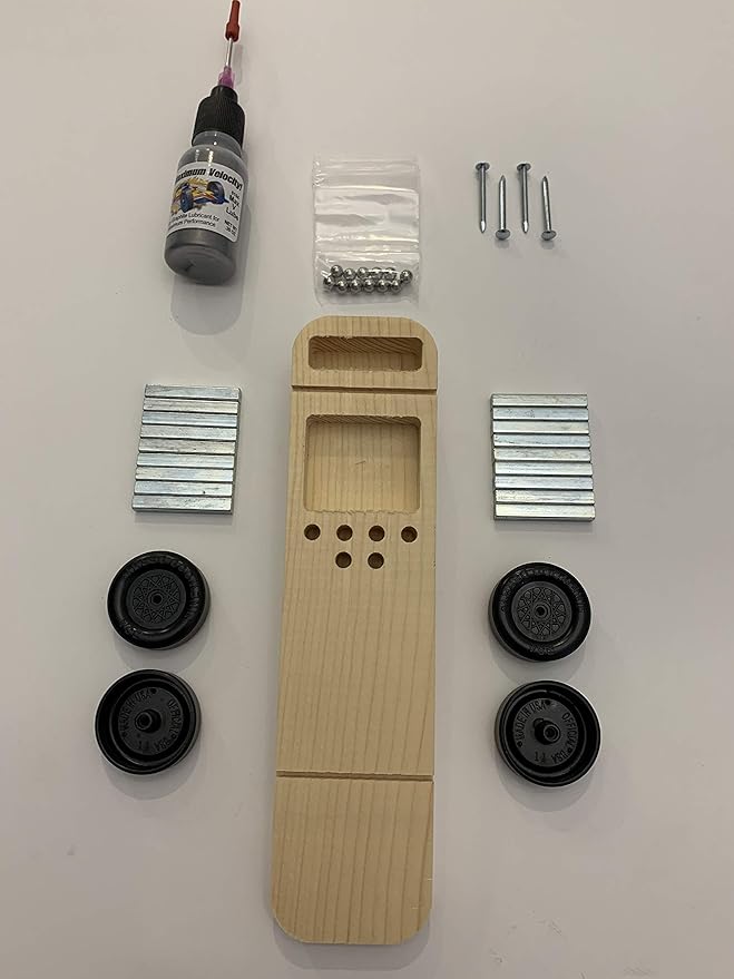Maximum Velocity Pinewood Car Kit | Includes Unfinished CNC'd Body, Official Scout Speed Wheels, Speed Axles, Graphite & Steel Weight | Sports Car Derby Car Kit