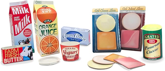 Melissa & Doug Fridge Fillers Grocery Play Food Cartons (8 Pieces) Wooden Toy Groceries, Pretend Play Food, Kitchen Accessories for Kids Ages 3+ - FSC Certified