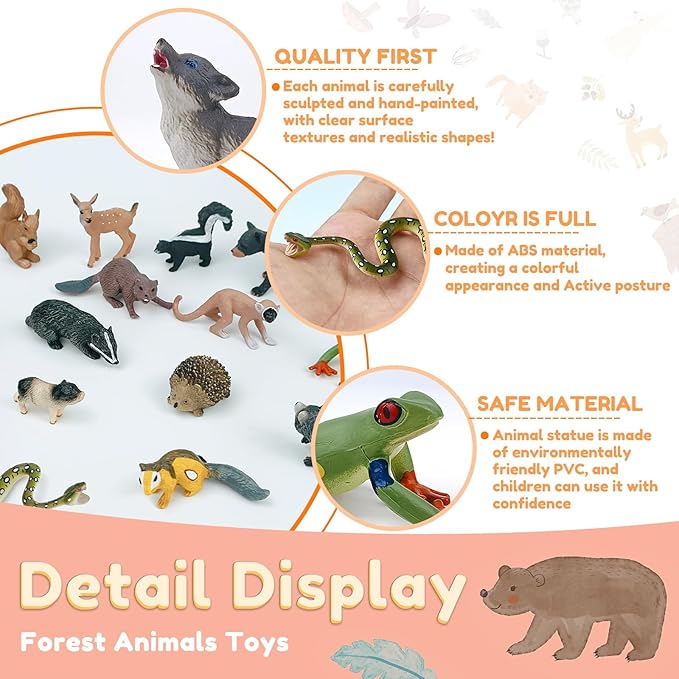 18Pcs Forest Animals Figures - Plastic Woodland Creature Toy Figurines for Kids Boys Girls 3-5 6-12, Small Jungle Animal Baby Figurines for Cake/Cupcake Topper Birthday Gift