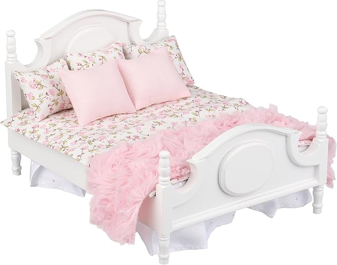 7 Piece Dollhouse Bedding Set, Comforter Blanket, Pillows and Bed Runner, 1/12 Scale Dolls Bed Linen (Pink Set)