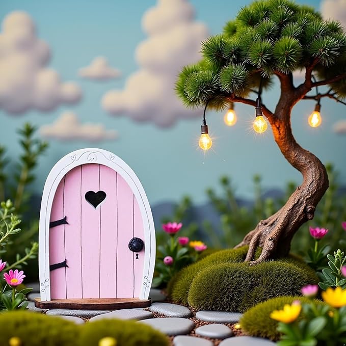 2Pcs Pink Streak Mini Fairy Garden Door for Tree, 3D Miniature Fairy Door for Fairytale Tiny House Doors, Bonsai Terrarium Micro Landscape Decoration Accessories Garden Miniatures, Decorations