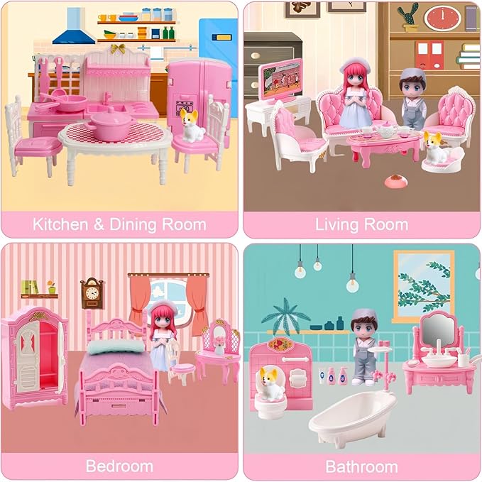 Princess Dollhouse Furniture Set, 48 Piece Luxury Miniature Accessories Collection with Living Room, Bathroom, Bedroom，Kitchen, TV Entertainment Set (Pink)