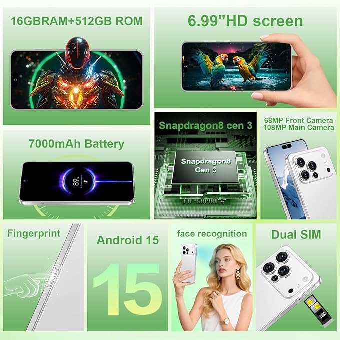 Huness I17PROMAX Smartphone Unlocked Cell Phone,6.99" HD Screen Unlocked Phone,16+512GB Android 15 Battery 7000mAh,Face ID/Dual SIM/5G/Fingerprint Button Unlock/Photos/GPS (White, 16+512G)