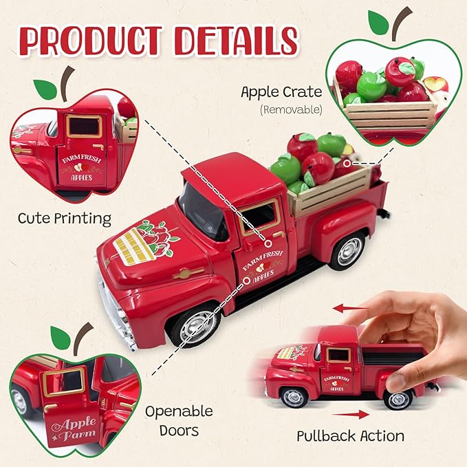 Apple Decor Farmhouse Vintage Red Truck with Fake Apples and Wooden Crate Christmas Table Decorations Mini Apples for Crafts Red Xmas Tiered Tray Decor for Home Kitchen Apple Theme New Year Gifts