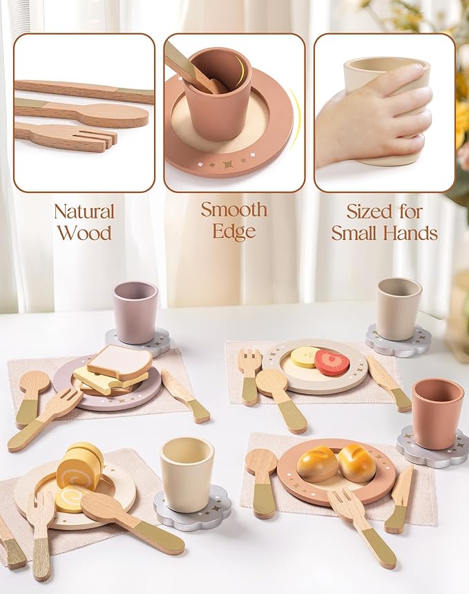 ROBUD 4-Set Wooden Play Dishes Set - Montessori-Inspired Play Food Accessories for Kids, Pretend Play Kitchen Set for Toddlers, Role Play Gift for Boys and Girls