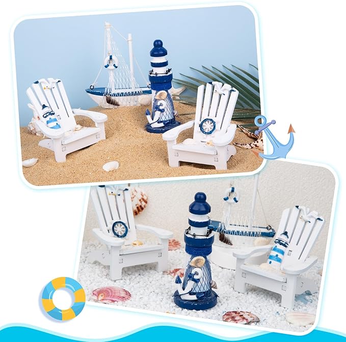 JQAQJU 4" Wooden Beach Chair Lighthouse Sailboat, 4pcs Mini Nautical Home Decoration & Beach Ocean Ornament for Summer Bathroom Bedroom Kitchen