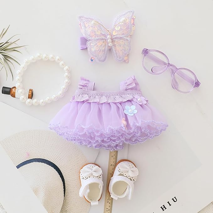 HLIAZJM Clothes for Labubu Doll, 5 Pieces Butterfly Tulle Skirt Purple Outfit Set, Suitable for 15cm & 17cm Dolls