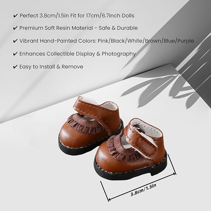 Doll Shoes for Lu bubu 17cm Dolls(No Doll) , Mini Shoes Accessories, Cute PU Leather Lace Shoes Suitable for 17cm Doll, Dress Up Doll Shoes Replacement Brown