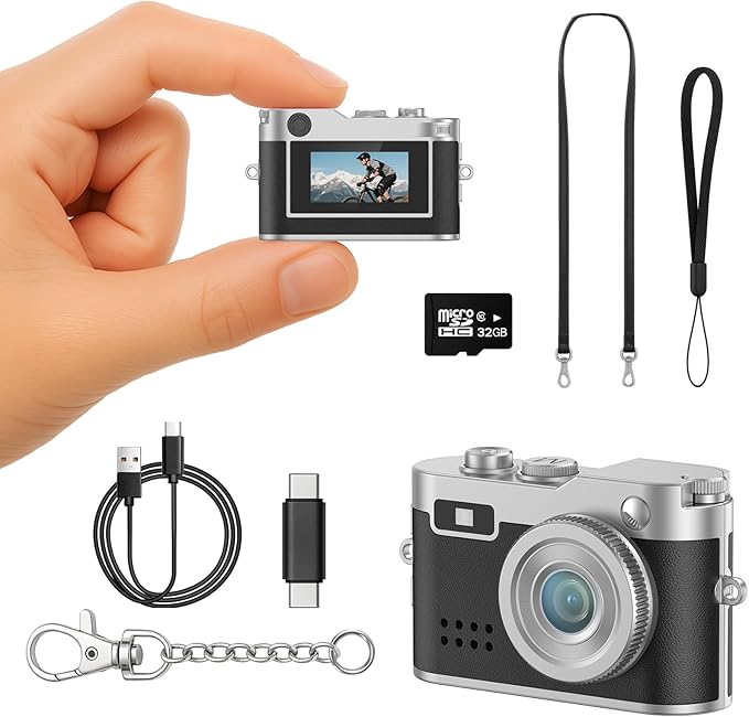 Mini Digital Camera, 1080P HD Tiny Retro Keychain Camera with 32GB Card, 0.96" Screen & OTG Adapter, Vintage Compact Micro Pocket Camera for Travel, Concert, Study Recording, Black