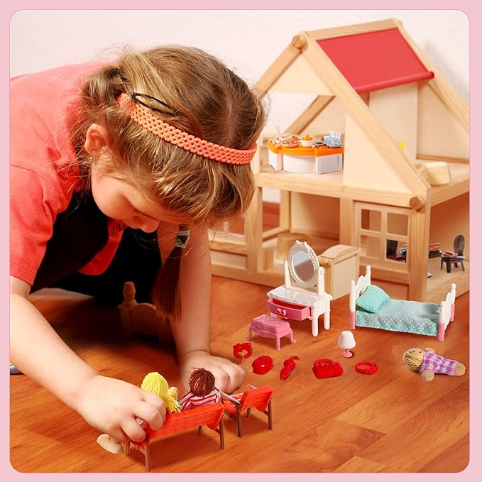 HyDren 83 Pcs Wooden Dollhouse Furniture Set with 8 Dolls Flexible Family Dolls and Fully Furnished Kitchen Living Room Bathroom Bedroom Dining Room Role Play Toys Birthday Gift for Girl Boy